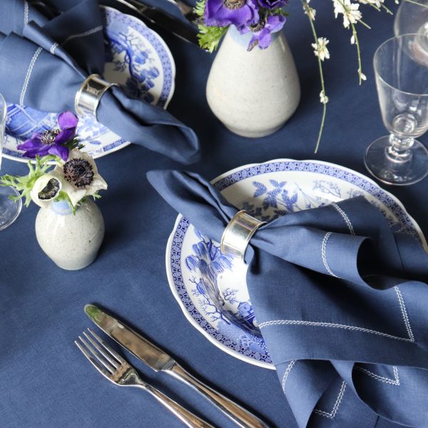 Indigo Navy Blue Pure Linen Round Tablecloth Solid Color Custom Size Extra Wide 120