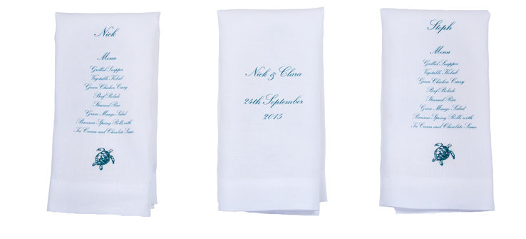 Wedding menu printed on napkin with guest name by Huddleson Linens