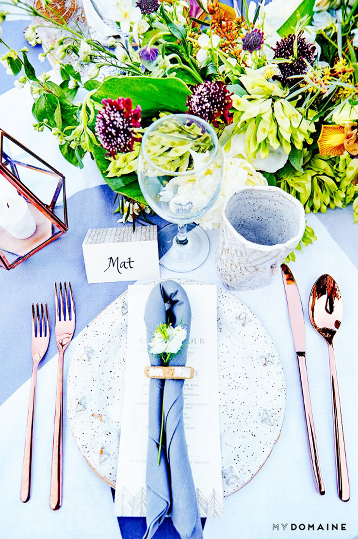 Huddleson Diamond grey linen tablecloth with rose gold flatware by Kate Spade #placesetting