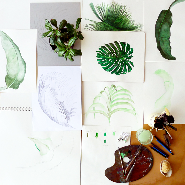 Textile Designer Tropical Leaves Original Artwork for Linens Print