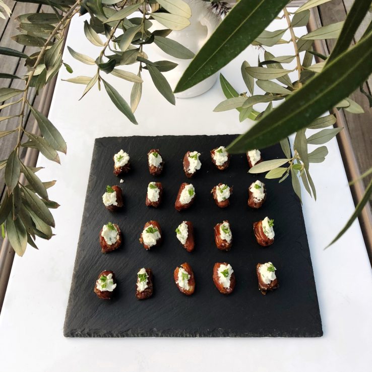 Greek dinner party appetizer goat cheese stuffed dates