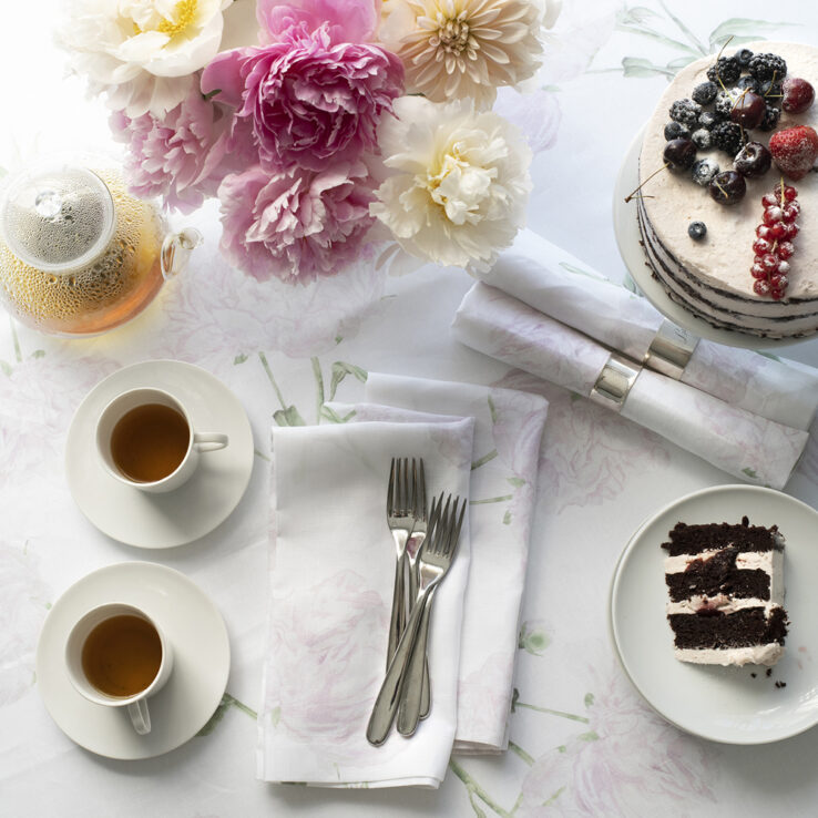 Peony Roses Blossoms Linen Tablecloth Napkins Sweets Cake Brunch Pastels Entertaining Ladies Lunch Bridal