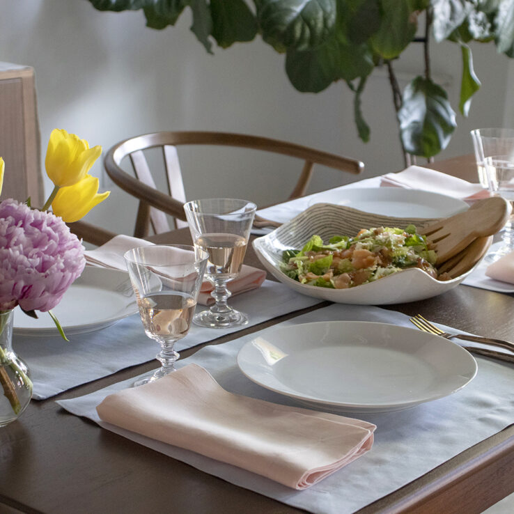 Sky Blue linens placemat with pink napkin pastel