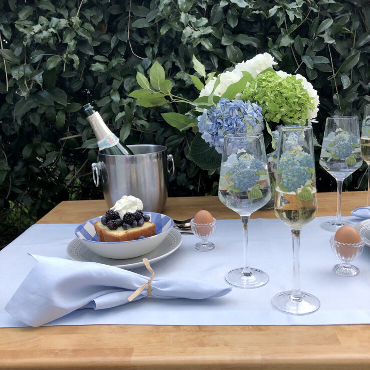 Sky Blue Pastel Linen Napkin Table Runner Hydrangeas Champagne Picnic for Two 