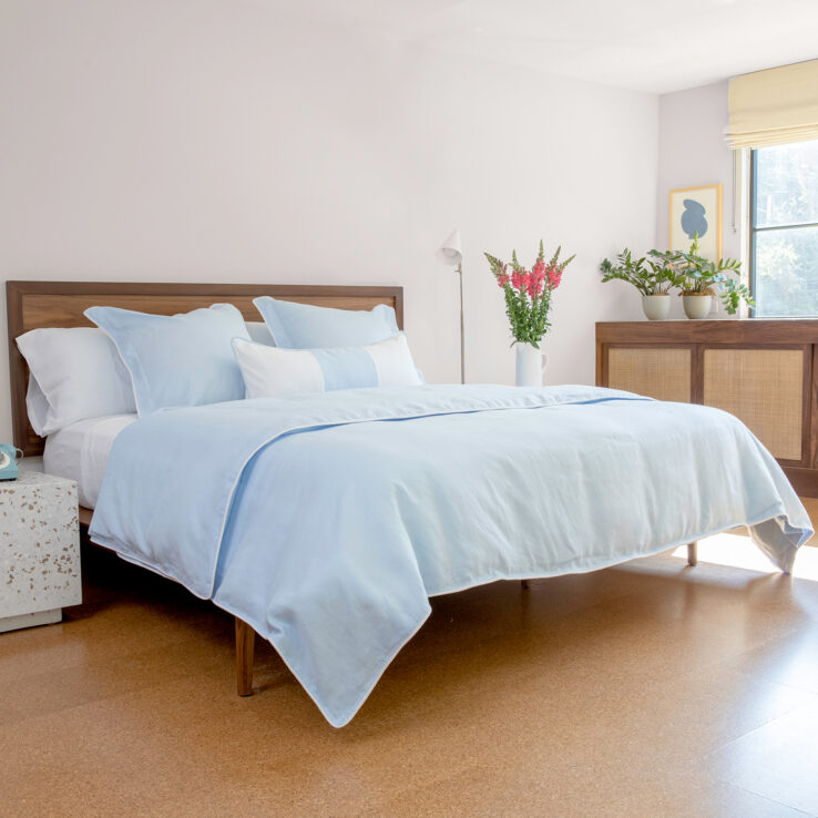Sky light blue linen duvet cover white piping trim edging