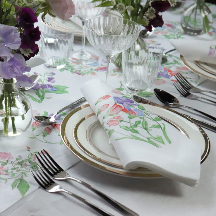 Sweet pea print linen table runner and napkin