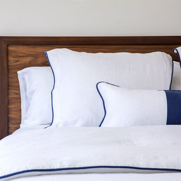 100 percent Italian linen bedding navy blue piped edge trim