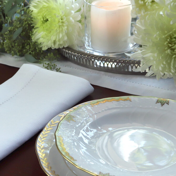 White Hemstitched Linen Table Runner and Hemstitched Linen Napkin 