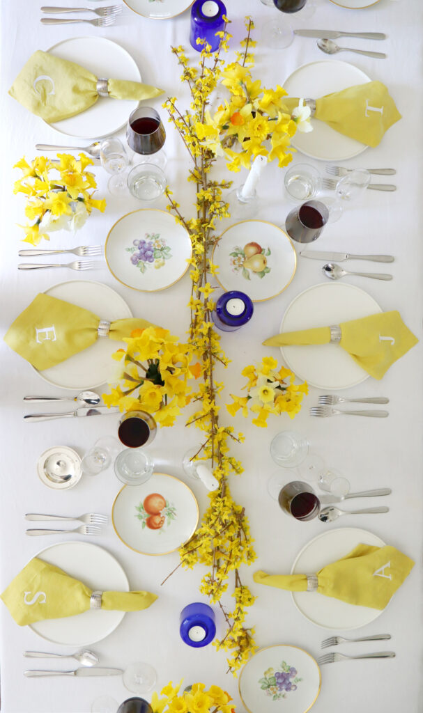 White linen tablecloth spring tablesetting