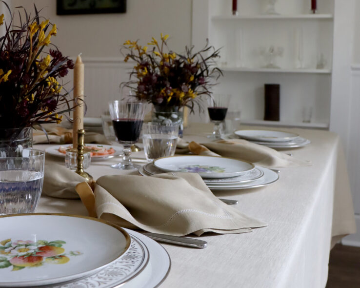 Hemstitch tablecloth Camel linen napkin Thanksgiving table setting 