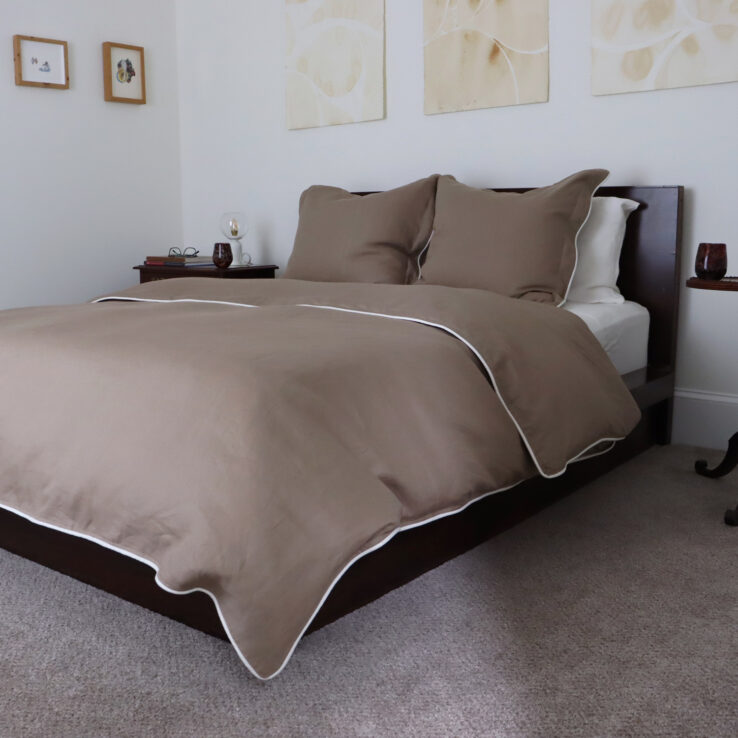 Brown Linen Duvet Cover with Ivory Piping Trim Fall Bedding
