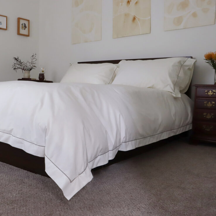 Fall Bed Linens Cotton Percale Duvet Cover Ivory Cream Brown Trim Hemstitch 