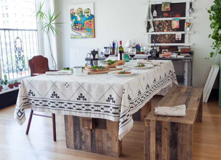 Natural linen tablecloth with print in black fall tablecloth 