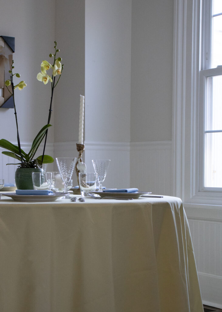 Gold Spun Polyester Tablecloth & Baby Blue Spun Polyester Napkins