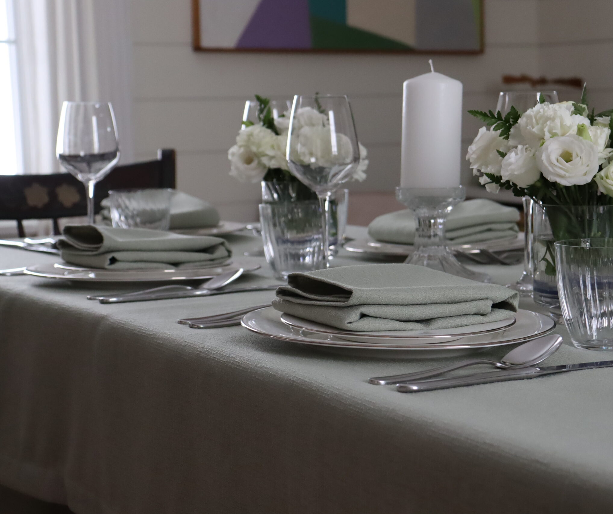 sage green faux linen tablecloth and napkins
