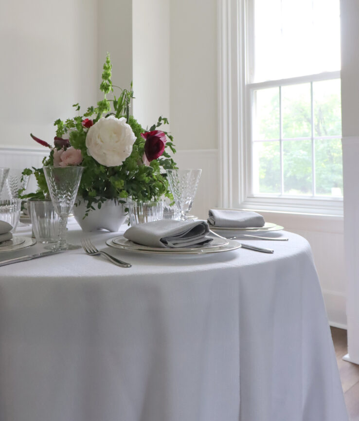 White Faux Linen Tablecloths & Light Silver Grey Faux Linen Napkins