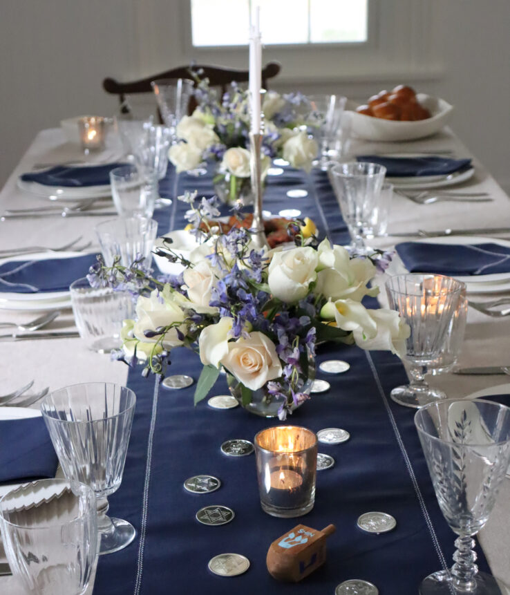 navy blue, white, and silver table linens for Hanukkah holiday dining