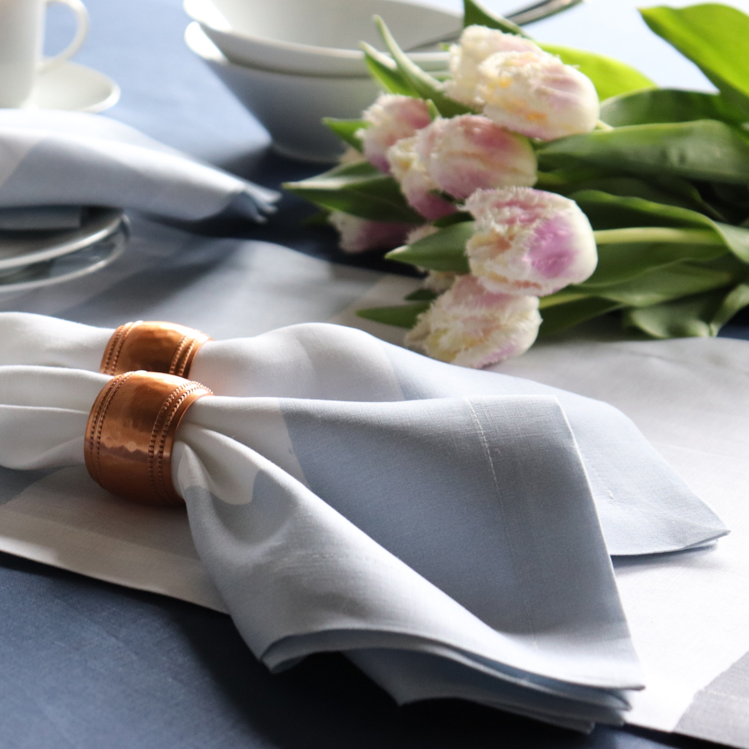 White Linen Napkin with Sky Blue Printed Border 