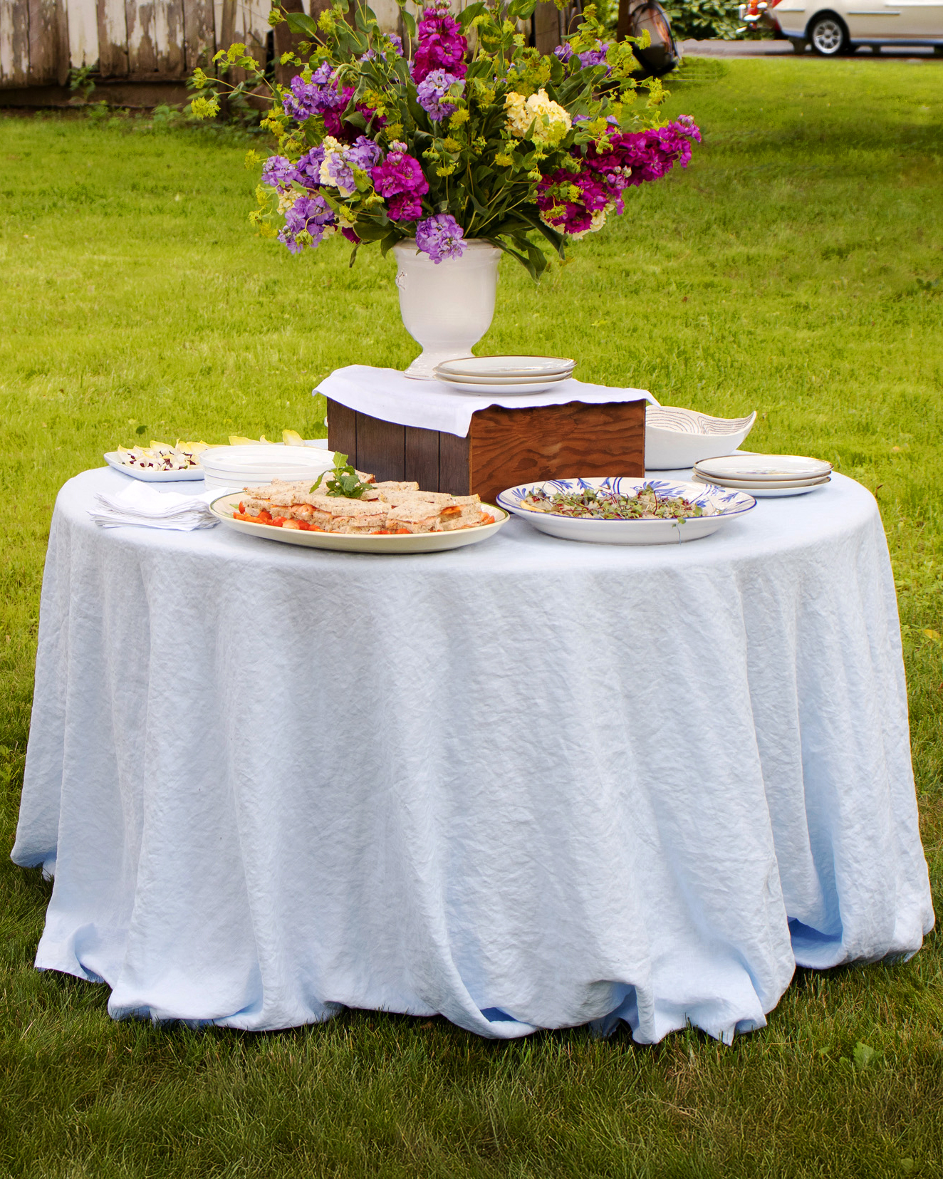 Sky blue round linen tablecloth 