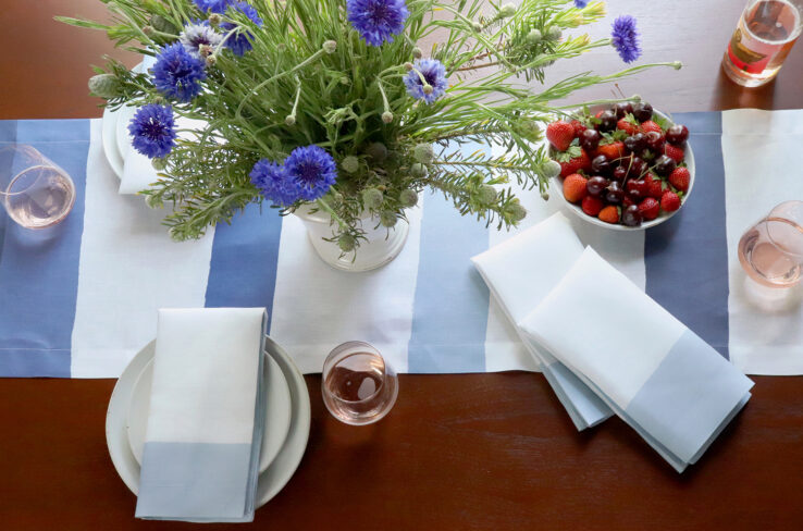 Cinta blue and white stripe linen table runner
