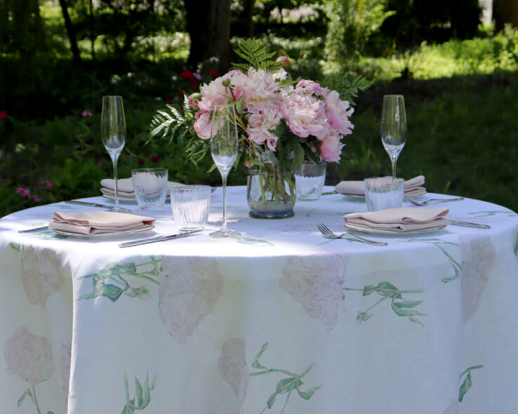 Summer Table Linens Peony Tablecloth Floral Print Outside 