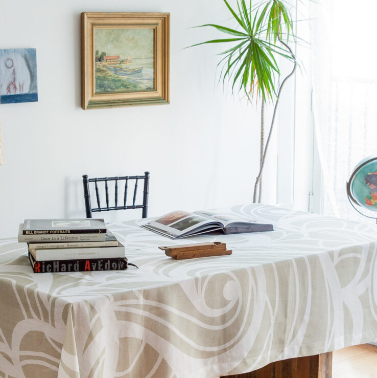 Champagne taupe white swirl tablecloth summer table linens