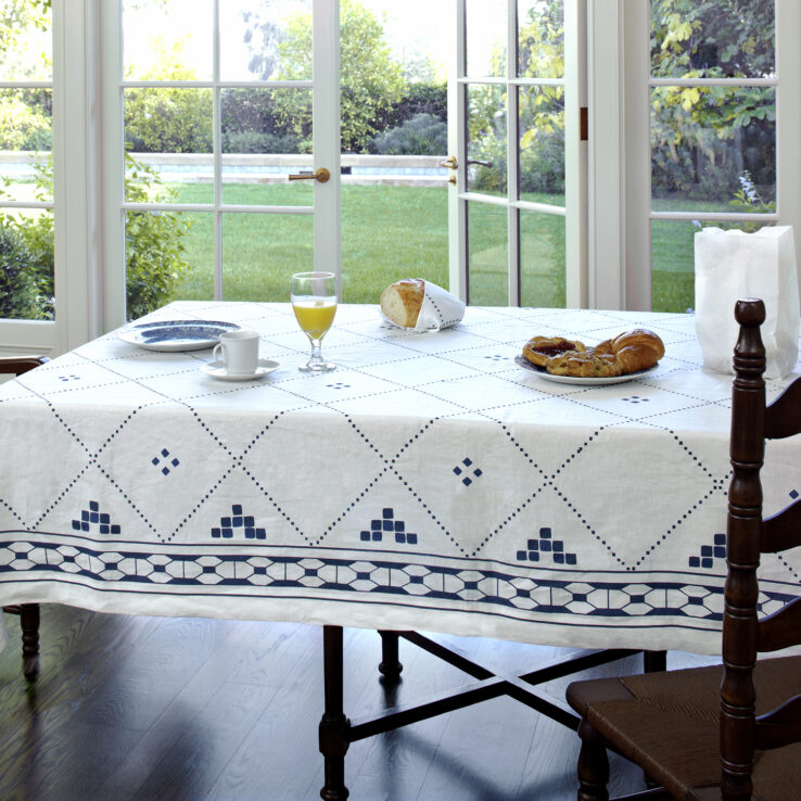 blue and white geometric linen tablecloth